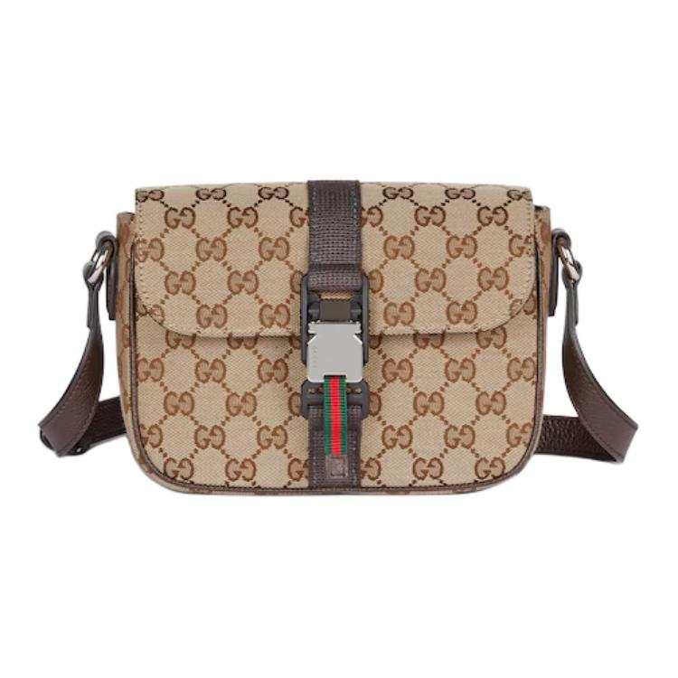 GUCCI Canvas With Leather Crossbody Bag, Shoulder Bag Mini Men's Beige & Ebony