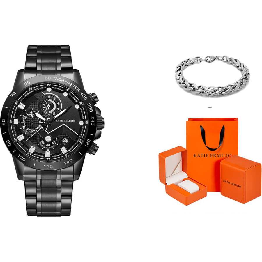 Katie Ermilio Leader Wrist Watches Quartz Movement Stainless Steel Strap 44mm Black Dial Men's Watches