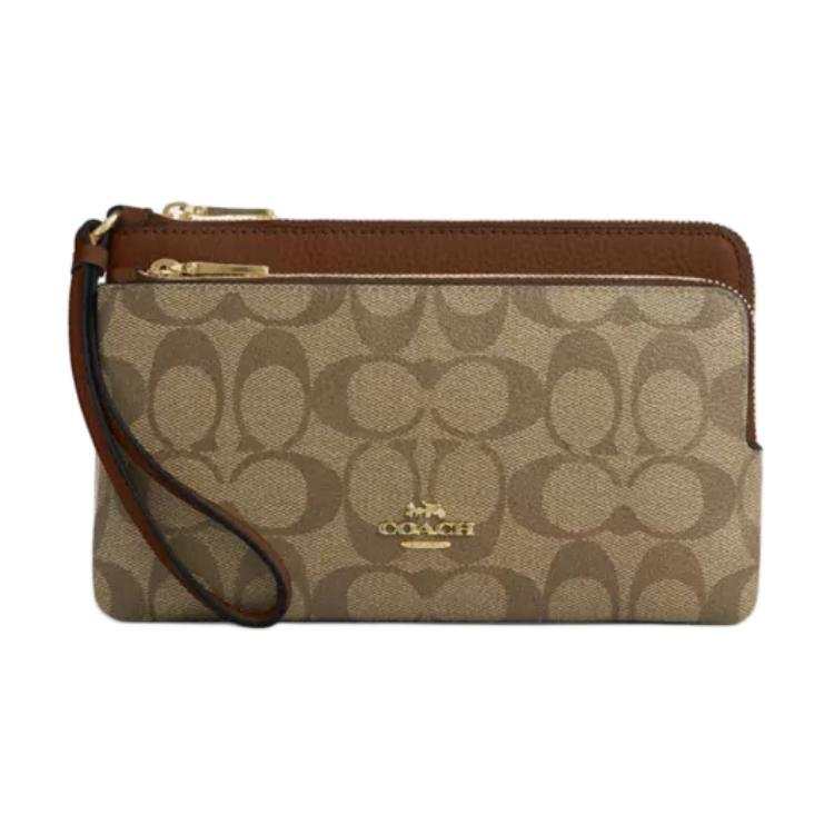 COACH Double Zip Wallet Signature Coated Canvas With Refined Pebbled Leather Clutch Wallet Regular Women's Gold & Khaki
