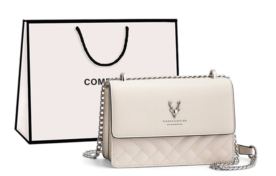 COMELY Cow Leather With Synthetic Leather Small Square Bag, Chain Bag, Shoulder Bag Regular Women's Ecru