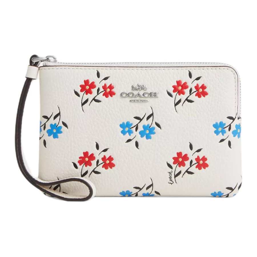 COACH Corner Zip Refined Pebbled Leather Clutch Small Women's Silver & Chalk Multicolor