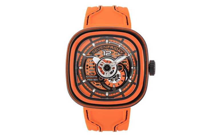 SEVENFRIDAY P Automatic Mechanical Movement Men's Watches Watch 47.6mm*47mm Orange Watch Dial Silicone Strap