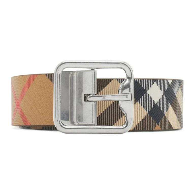 Burberry Calfskin Leather Belts Men's Sandy Beige/Military Brown/Silver Width 3.5cm