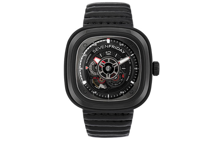 SEVENFRIDAY P Automatic Mechanical Movement Unisex Watch 47.6mm Black Dial Genuine Leather Strap