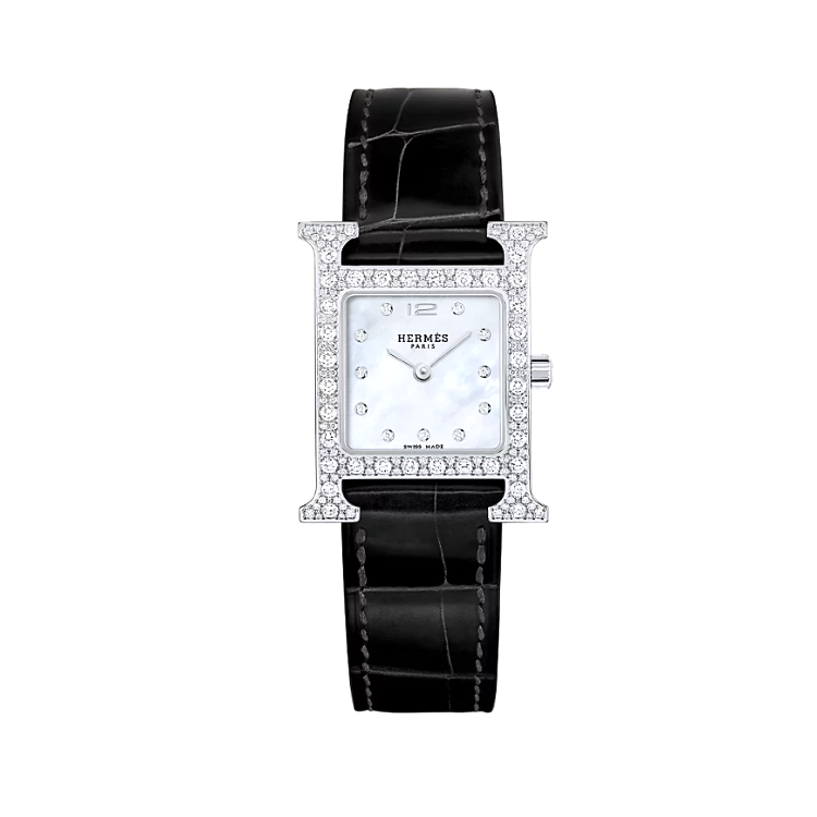 HERMES Wrist Watches Quartz Movement Crocodile Leather Strap 25mm Mother of Pearl Color Watch Dial Women's Watch
