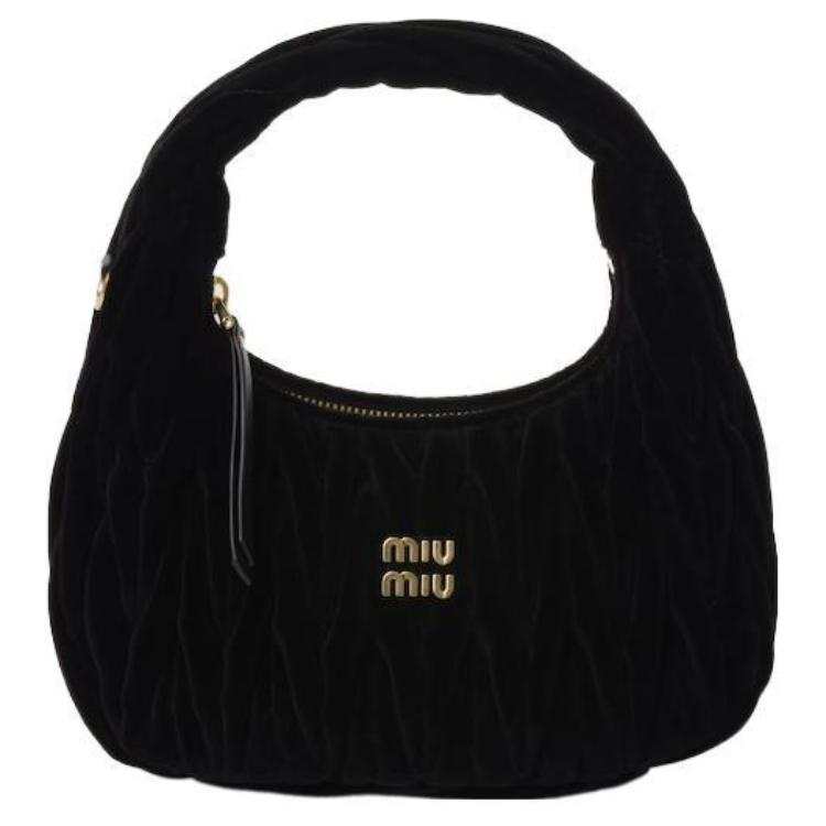MIU MIU Wander Velvet Crescent Bag, Hobo Bag, Shoulder Bag, Crossbody Bag, Handbag Women's Black