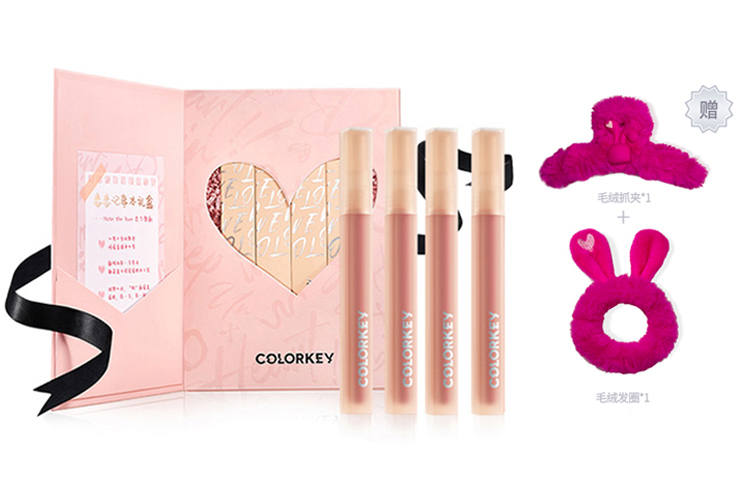 Colorkey Love Notebook Lip Gloss Box Glossy Easy to Blend Complexion 8G *4 With Claw Clip+Hair Tie