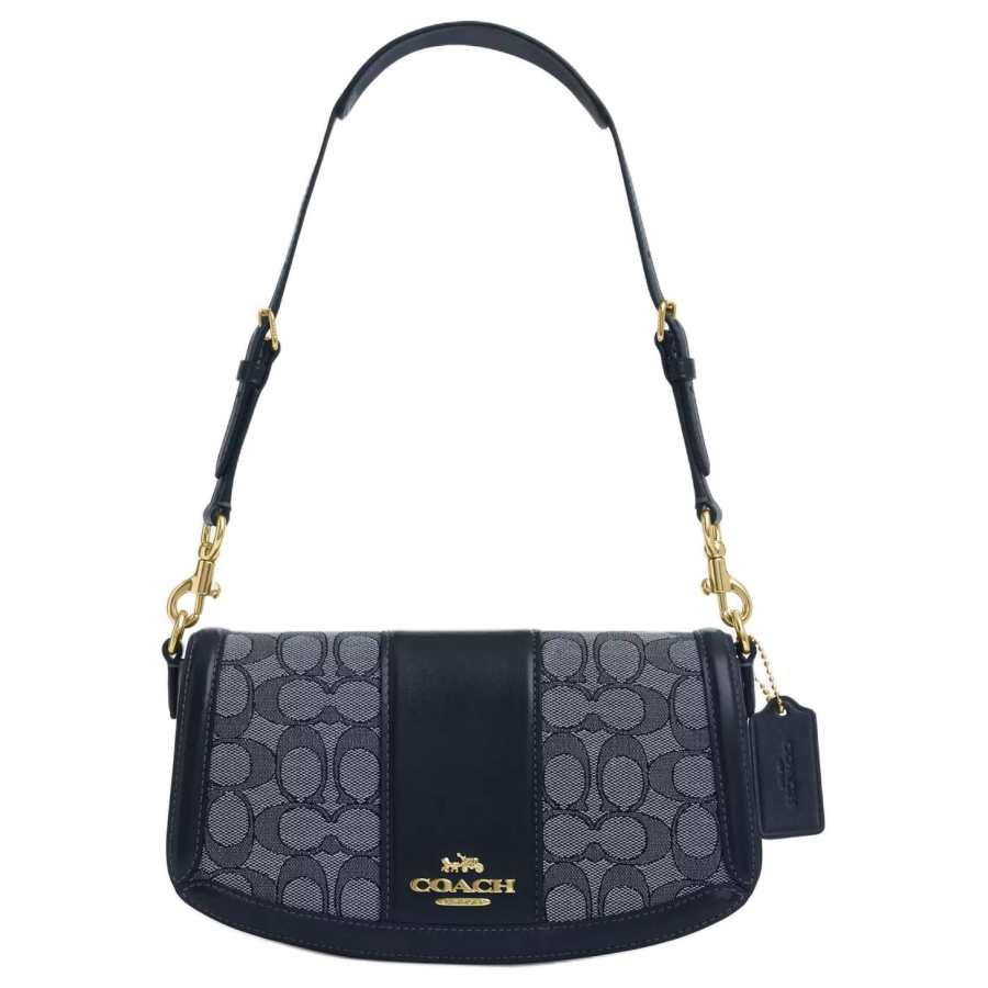 COACH Andrea Cow Leather With Jacquard Handbag, Shoulder Bag Medium Women's Midnight Marine Blue