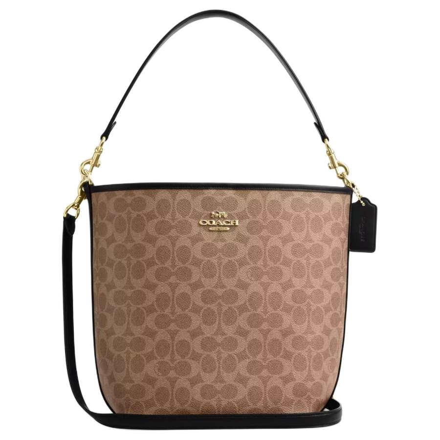 COACH City Bucket Signature Coated Canvas Bucket Bag, Crossbody Handbag, Shoulder Bag Large Women's Tan & Black