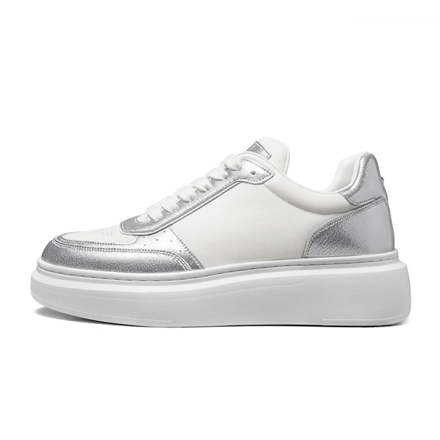THOM WILLS Casual Versatile Trainer White Sneakers Low top Skateboard Shoes Unisex Silver White