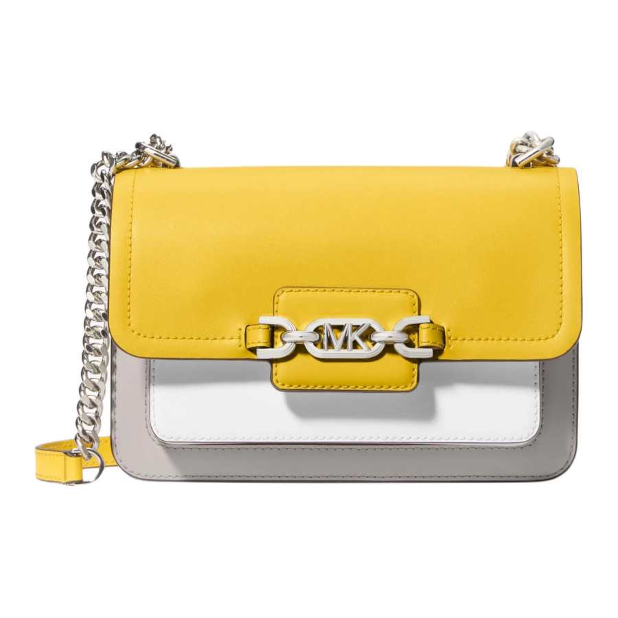 MICHAEL KORS Heather Cow Leather Crossbody Bag, Shoulder Bag Large Women's Gray & Yellow & White