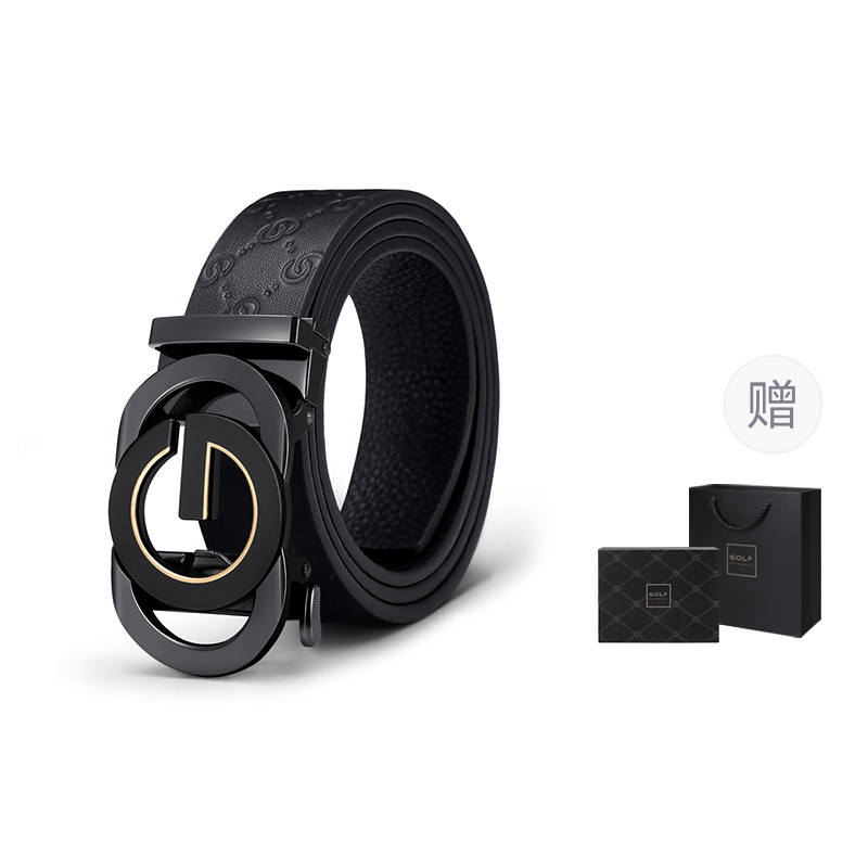 GOLF Top Grain Cow Leather Automatic Buckle Belt Men's Black Gold/Black Silver Width 3.5cm