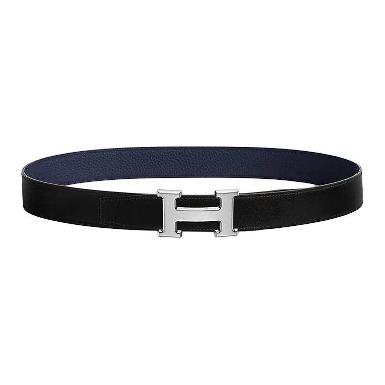 HERMES HERMES Double Sided Brass Leather Belts Men's Black/Blue Width 3.2cm
