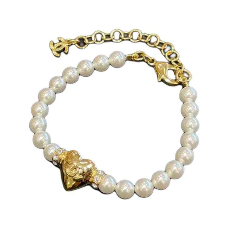 CHANEL Heart Style Metal, Artificial Pearl, Rhinestone Bracelets Women's Gold
