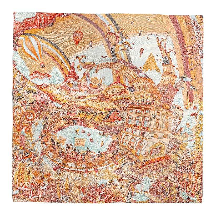 HERMES Les Folies Du Faubourg Mulberry Silk Scarves Women's Orange