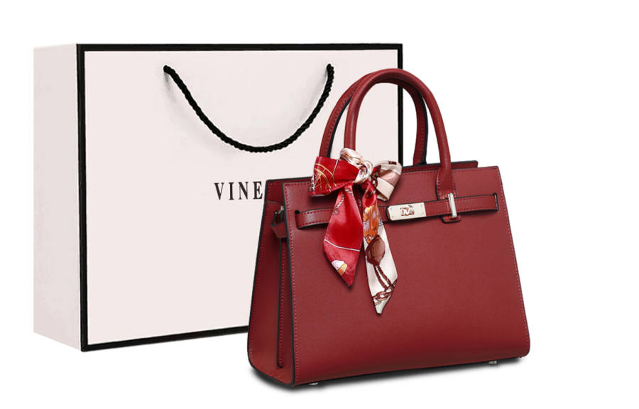 VINEY Cow Leather Handbag Large Women's Red/Black