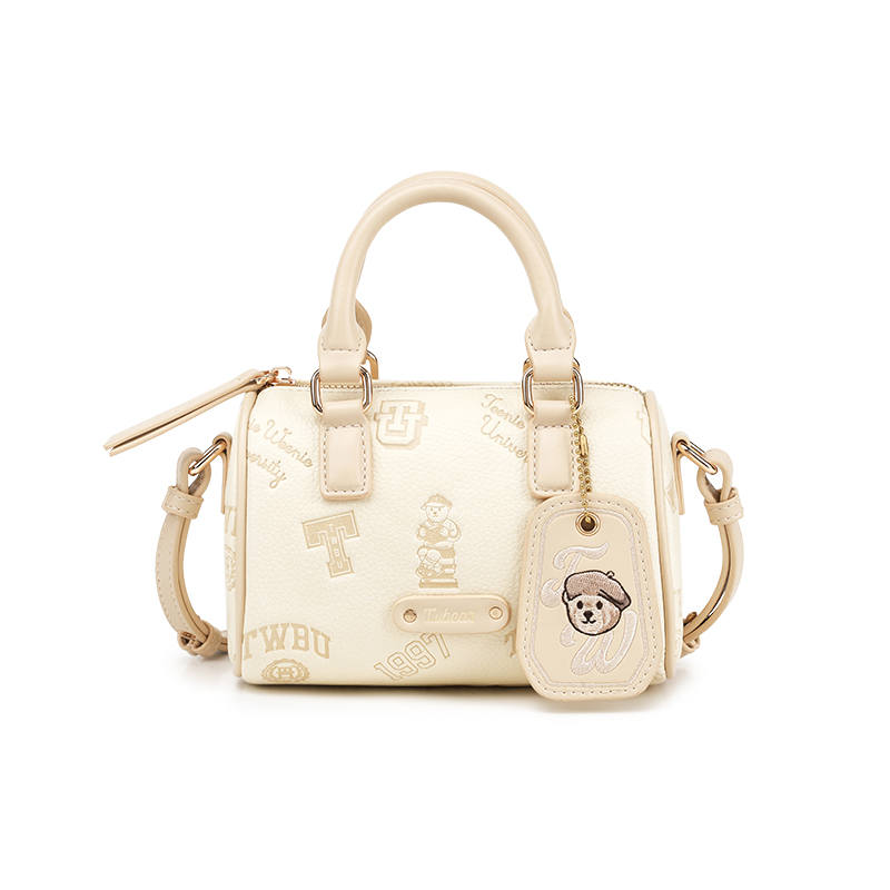 Teenie Weenie Pu Boston Bag, Handbag, Crossbody Bag Women's Cream Yellow/Cherry Blossom Pink/Beige Brown
