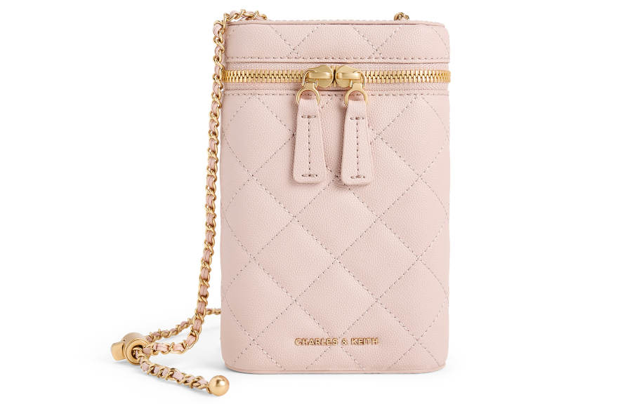 CHARLES&KEITH PU, Textile Mixture Cell Phone Pouch Mini Women's Black/Pink/Cream Milk White/Slate Blue Gray Blue