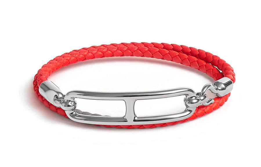 HERMES Roulis Calfskin, Palladium Plated Bangles Women's Red