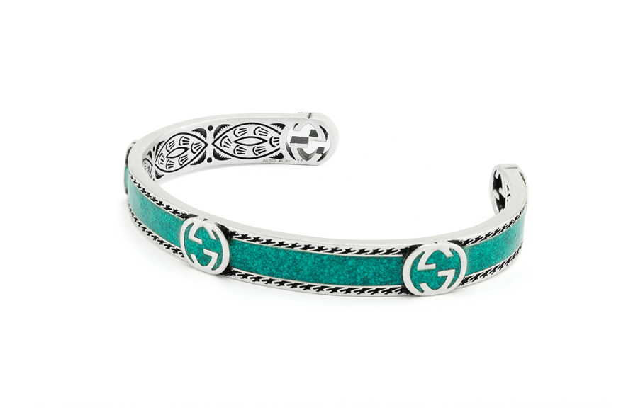 GUCCI GUCCI Interlocking 925 Sterling Silver Enamel Bangles Unisex Green/Silver