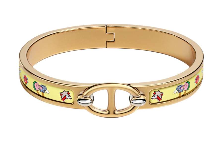 HERMES Funny Ice Cream Patterned Print Gold Plated Metal Piece, Enamel Bangles Unisex Gold