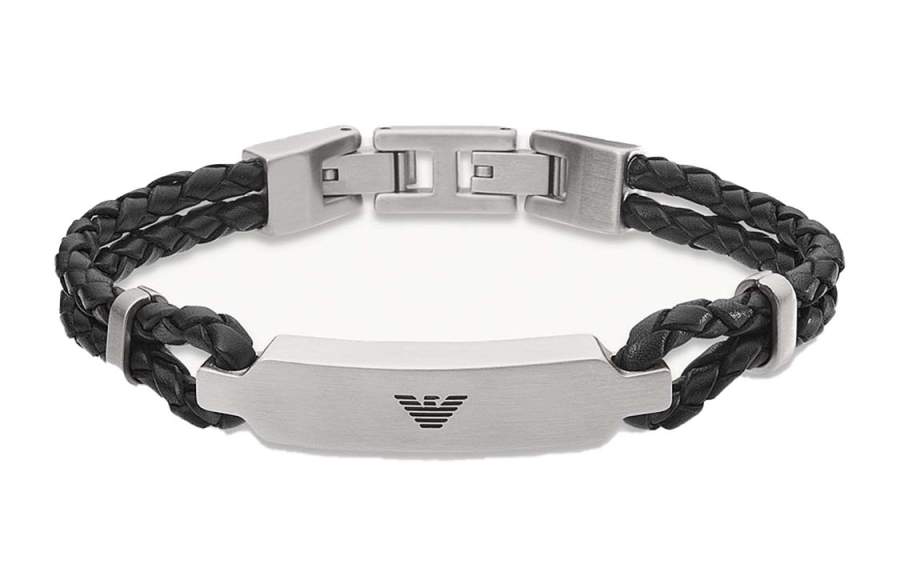 EMPORIO ARMANI Leather Wristband Men's Silver, Black