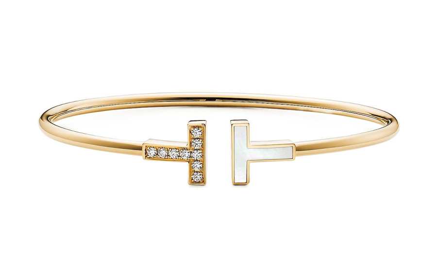 TIFFANY & CO. Tiffany & Co Eyewear 10s 18K Yellow Gold Diamond And Mother of pearl T wire Bracelet