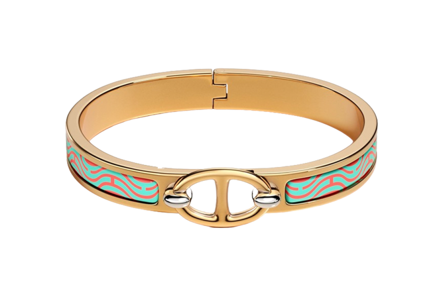 HERMES Mini Clic Chaine D'Ancre Enamel Gold Plated Bangles Women's Gold
