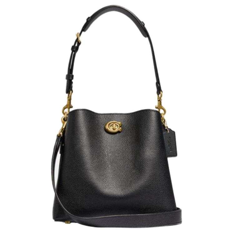 COACH Willow Polished Pebbled Leather Bucket Bag, Portable Crossbody Bag, Shoulder Bag Medium Women's Brass & Black