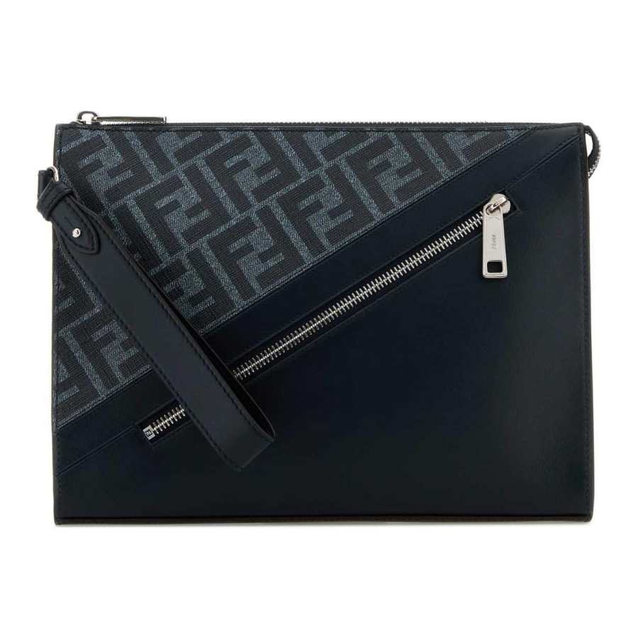 FENDI Embroidery Fabric With Leather Clutch Men's Blue