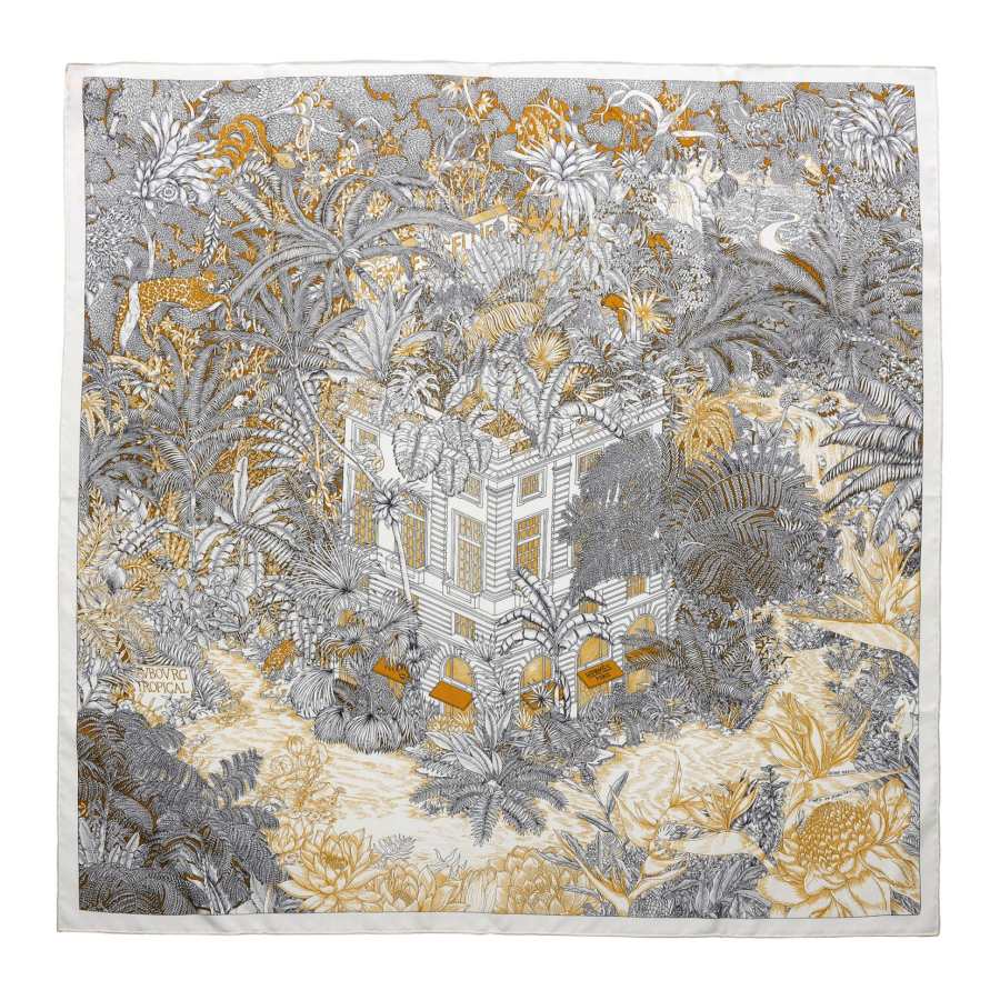 HERMES Mulberry Silk Scarves Women's Dark Brown/White/Caramel