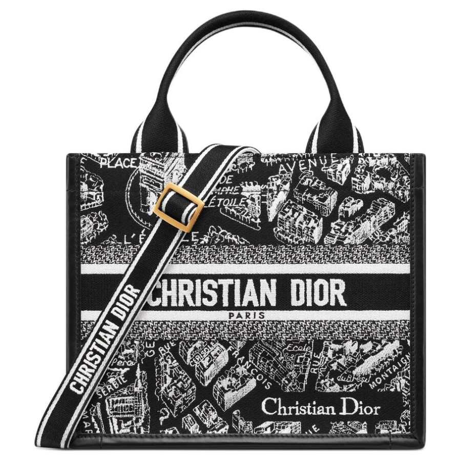 DIOR BookTote Embroidery Tote Bag, Shopping Bag, Shoulder Bag, Crossbody Bag, Handbag Small Women's Black & White