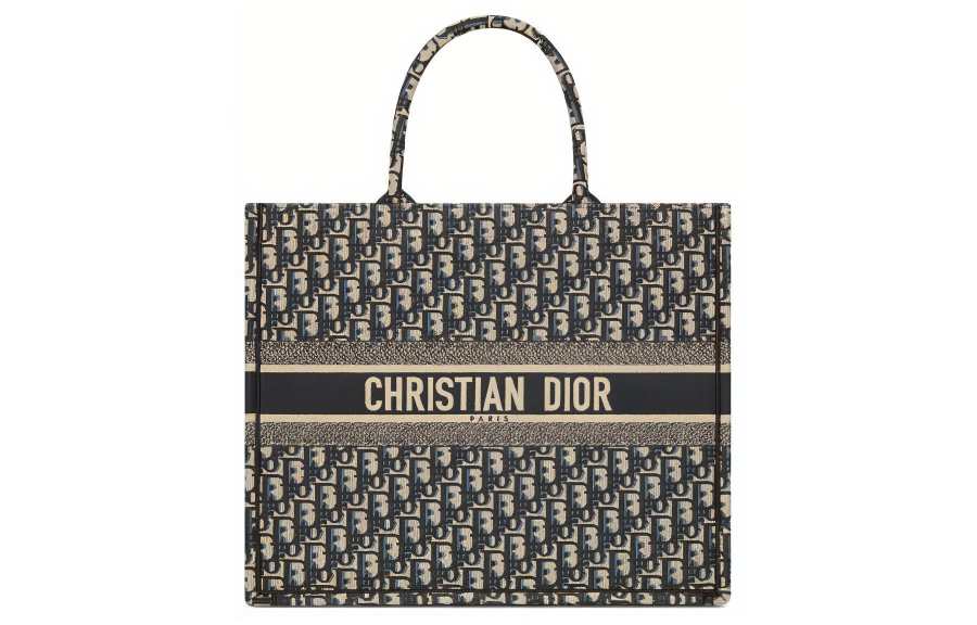 DIOR BookTote Canvas Handbag Large Women's Ecru & Blue