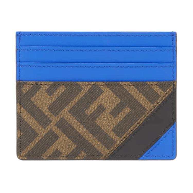 FENDI Calfskin Card Holder Men's Blue & Brown