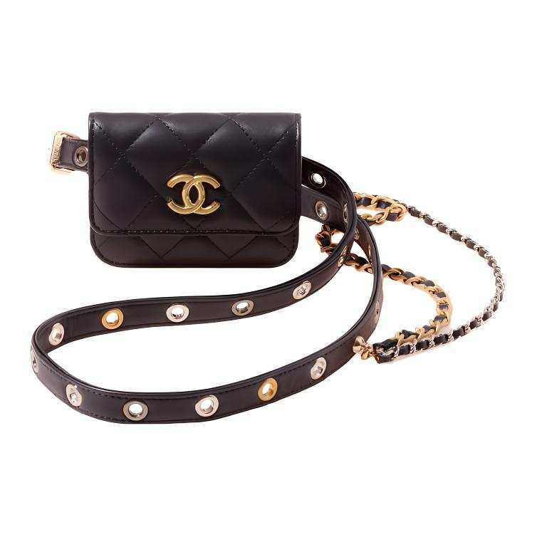 CHANEL 22c Early Spring Sheepskin Sling Bag One Shoulder Crossbody Fanny Pack Women's Black