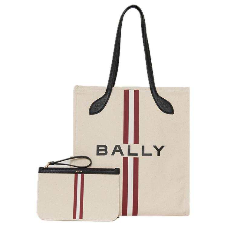 BALLY Fabric With Cow Leather Tote Bag, Shopping Bag, One Shoulder Handbag Large Women's Natural