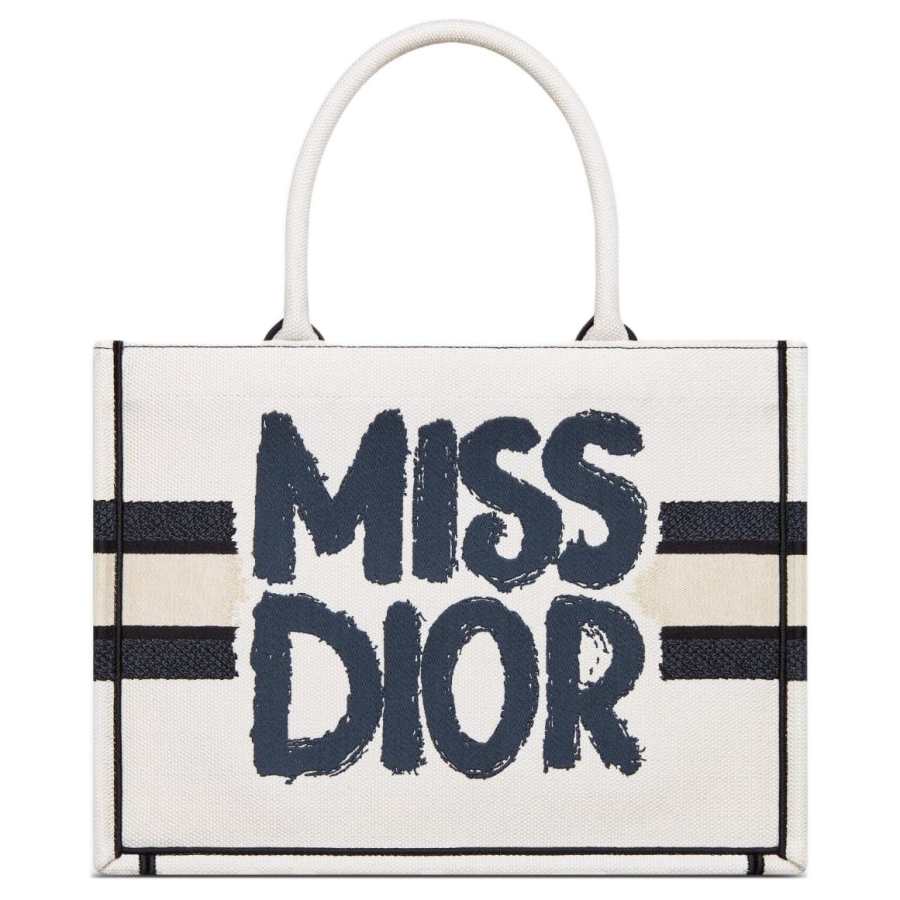 DIOR Embroidery Tote Bag, Shopping Bag, Handbag Medium Women's White & Blue