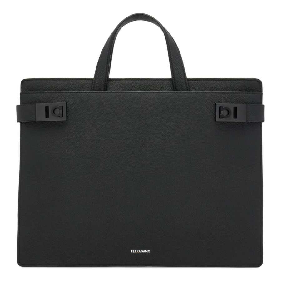 FERRAGAMO Gancini Grain Hammered Texture Cow Leather Portable Briefcase Men's Black