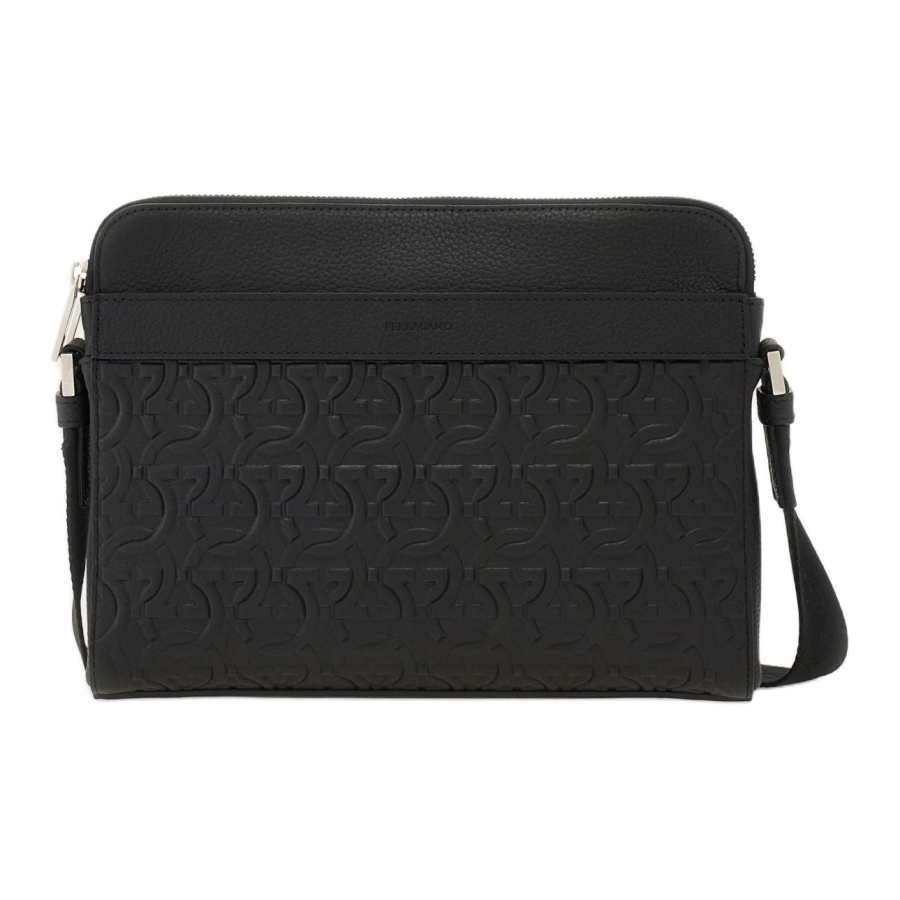 FERRAGAMO Hammered Texture Calfskin Crossbody Bag, Shoulder Bag Men's Black