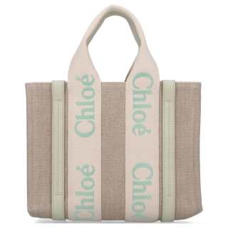 Chloé Chloe Woody Calfskin With Linen Tote Bag, Shopping Bag, Handbag Small Women's Candy Green & Brown