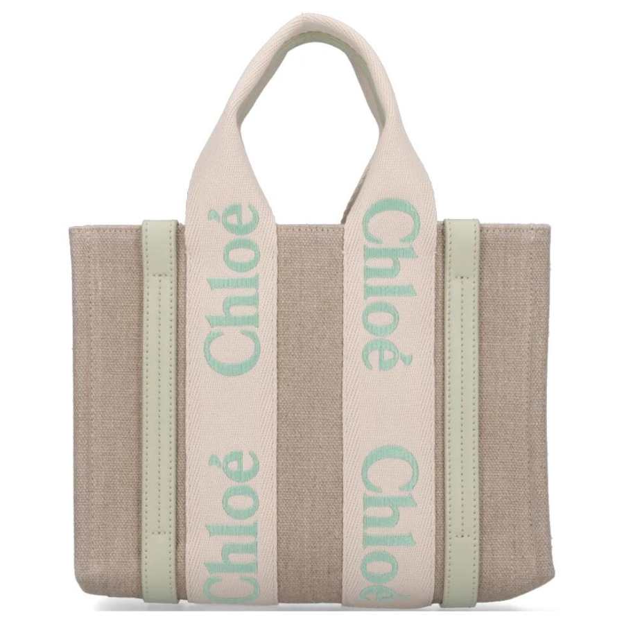 Chloé Chloe Woody Calfskin With Linen Tote Bag, Shopping Bag, Handbag Small Women's Candy Green & Brown