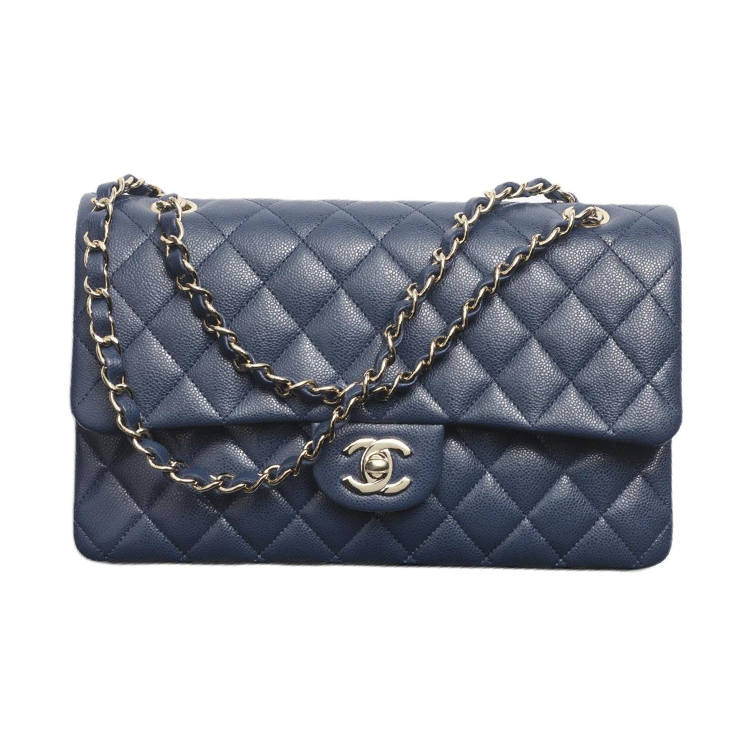 CHANEL Classic Flap CF Grain Bright Calfskin Handbag, Shoulder Bag, Crossbody Bag Women's Dark Blue