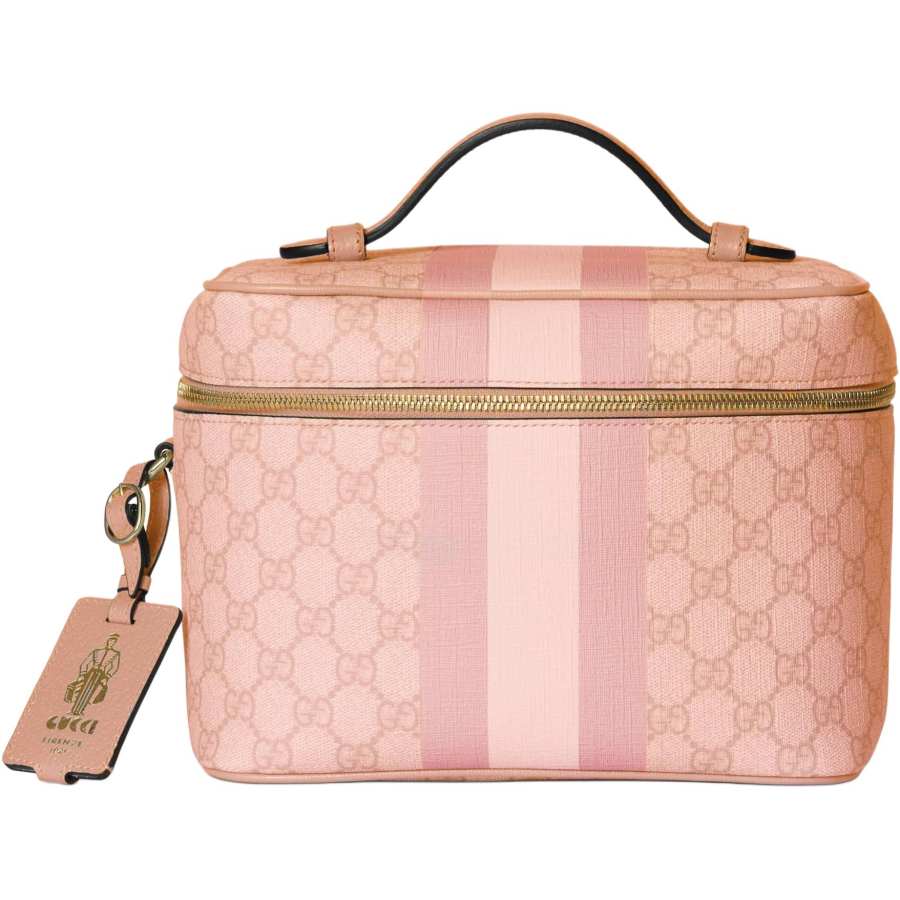 GUCCI Ophidia Canvas With Leather Binding Portable Makeup Travel Storage Bag Medium Size Women's Gray Pink