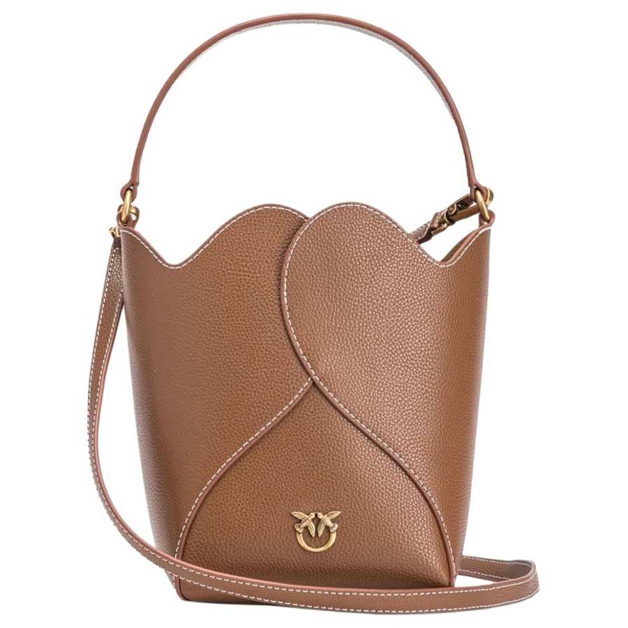 PINKO Grain Leather Bucket Bag, Shoulder Bag, Crossbody Bag, Handbag Women's Chocolates Brown