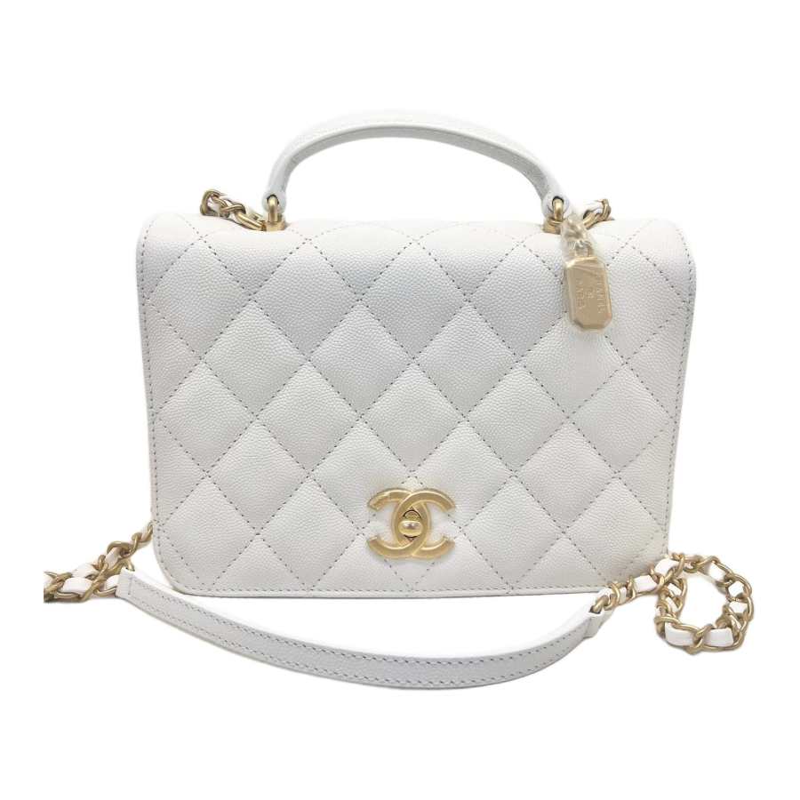 CHANEL Litchi Grain Cow Leather Crossbody Bag, Shoulder Bag Women's White