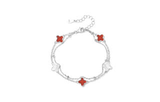 HOLLY RYAN S925 Silver Love And Poetry, Lucky Four Leaf Clover Double Layer Stackable Bracelet Women's