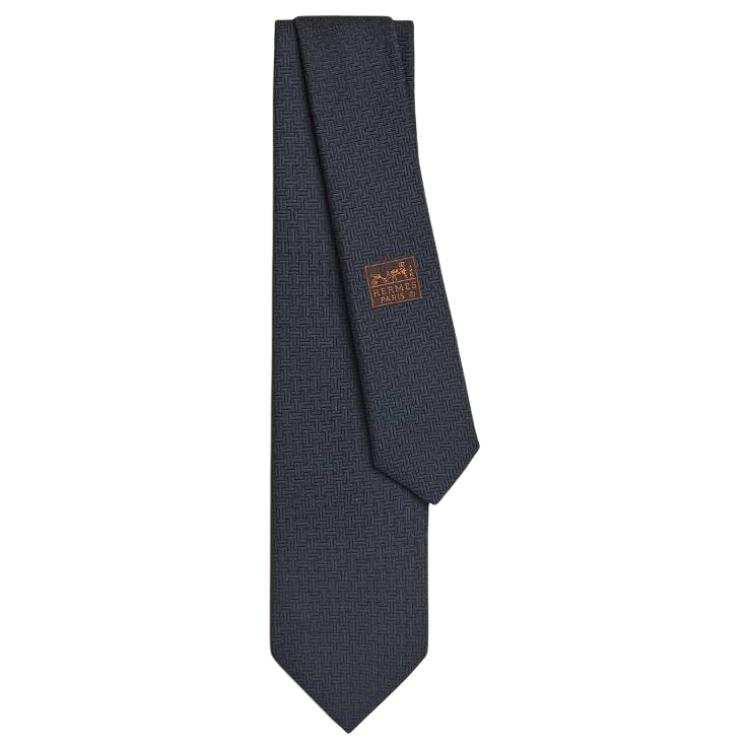 HERMES Brand Logo Une Terre D'H Silk Ties Men's Black