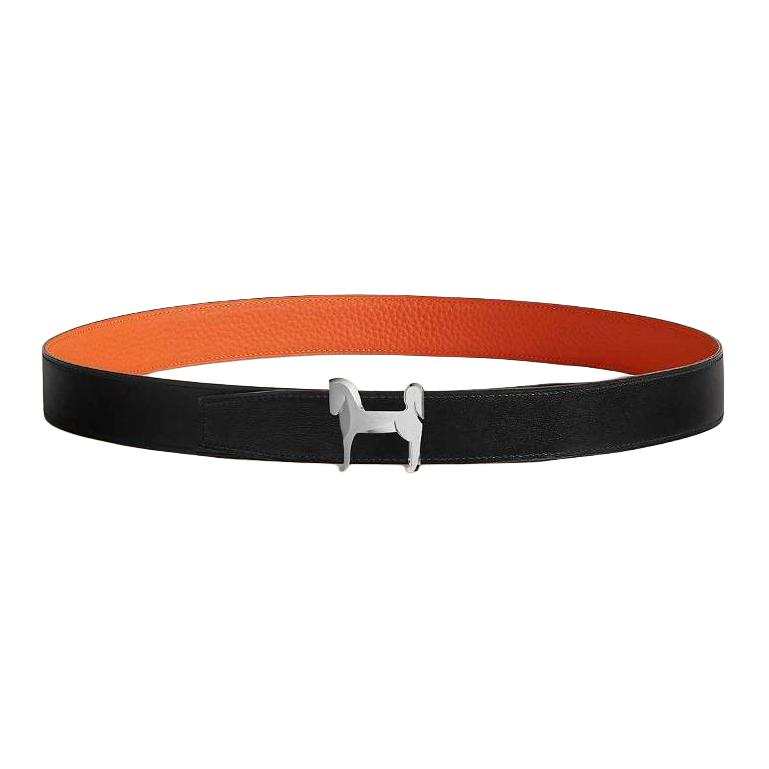 HERMES Panache Metal Leather Stainless Steel Leather Belts Men's Width 3.2cm