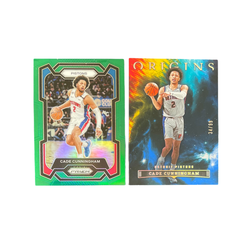 PANINI 2023 24 PRIZM Pistons Cade Cunningham CC Green Fold+2023 Origins 34/99 Autographed Card Pass Sports Cards 2 Pcs