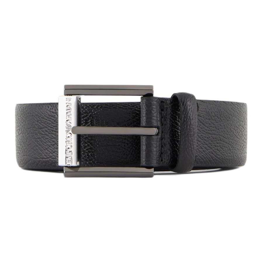EMPORIO ARMANI Engraved Logo Design Leather Belts Men's Black Width 3.4CM
